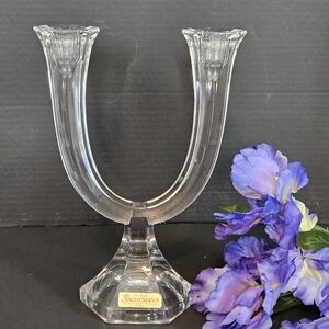 Vintage Nachtmann Crystal Double Arm Candlestick Holder Hexagonal Base